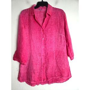 Ciao Bella "Saint Tropez" Dark Pink 100% Linen Button Up Tunic Blouse sz Medium
